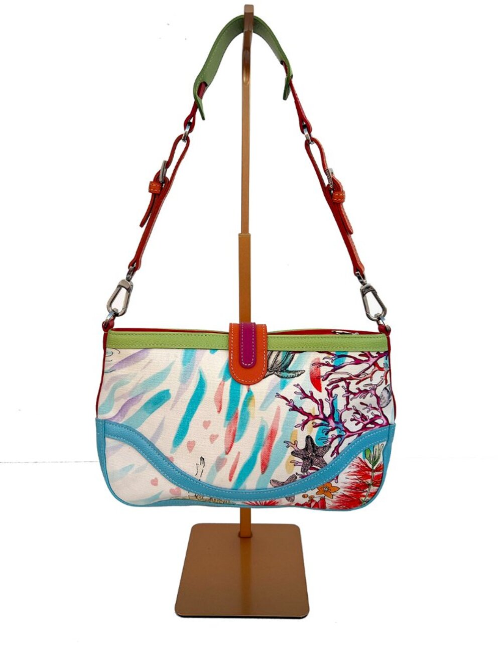 LONGCHAMP Y2K Floral Canvas Baguette Shoulder Bag Colorful Leather Trim - Picture 2 of 8
